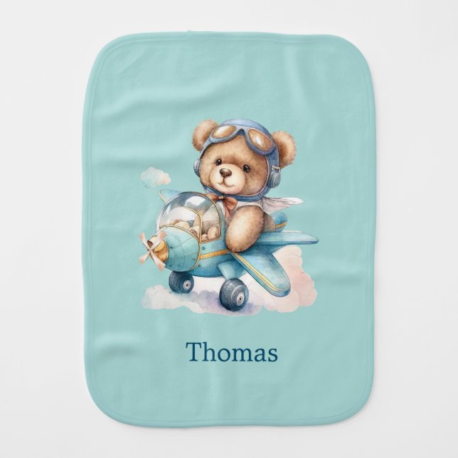 Personalized Teddy Bear Airplane Baby Boy Gift Baby Burp Cloth (Front)