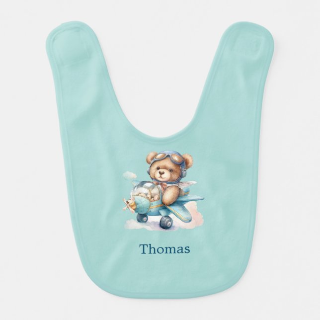 Personalized Teddy Bear Airplane Baby Boy Gift Bib (Front)
