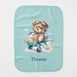 Personalized Teddy Bear Airplane Baby Boy Gift Burp Cloth