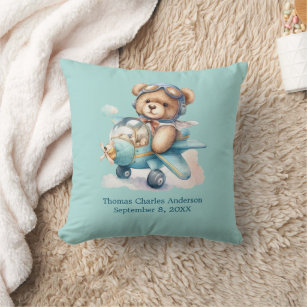 Personalized Teddy Bear Airplane Baby Boy Gift Throw Pillow