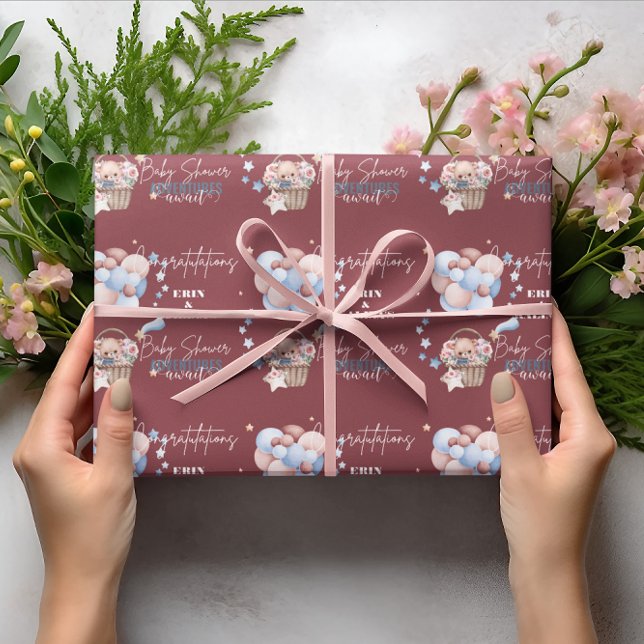 Personalized Teddy Bear and Balloon Baby Shower Wrapping Paper (Creator Uploaded)
