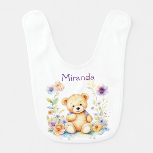 Personalized Teddy Bear and Flowers Baby Bib
