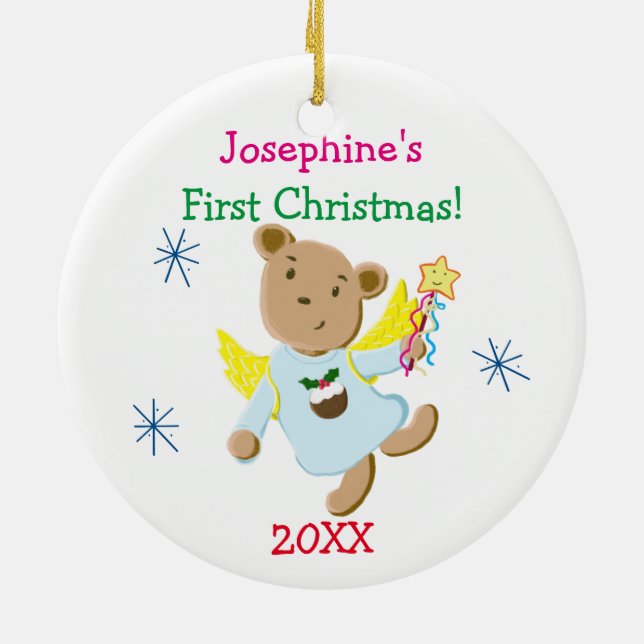 Personalized Teddy Bear Angel First Christmas Ceramic Ornament (Back)