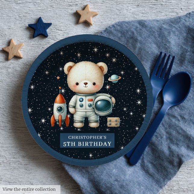 Personalized Teddy Bear Astronaut Baby Boy Paper Plates (Personalized Teddy Bear Astronaut Baby Boy Paper Plates)