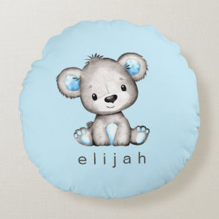 Personalized Teddy Bear Baby Boy Blue Round Pillow