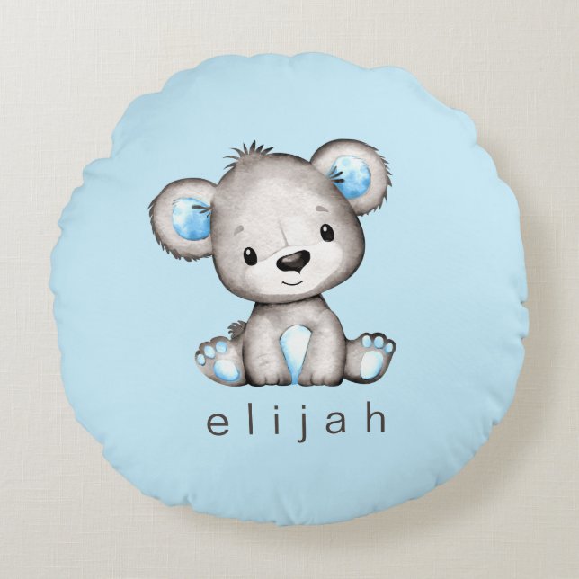 Personalized Teddy Bear Baby Boy Blue Round Pillow (Front)