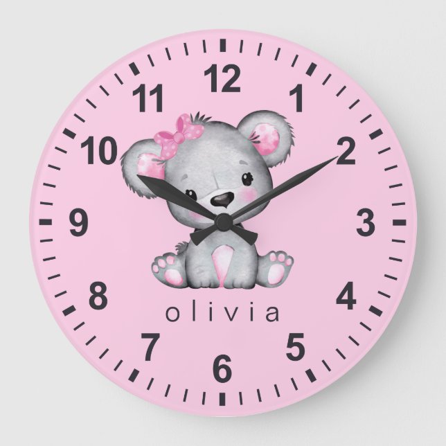 Personalized Teddy Bear Baby Girl Pink Large Clock (Front)