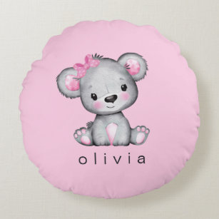 Personalized Teddy Bear Baby Girl Pink Round Pillow