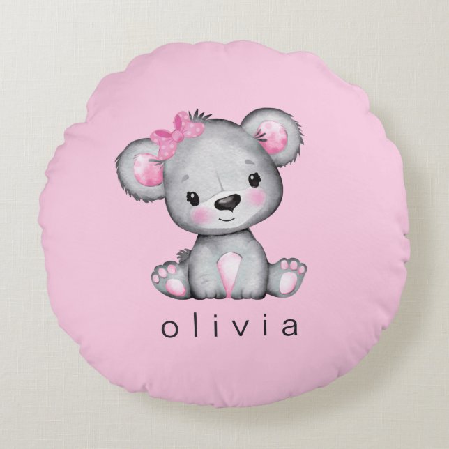 Personalized Teddy Bear Baby Girl Pink Round Pillow (Front)