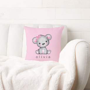 Personalized Teddy Bear Baby Girl Pink Throw Pillow