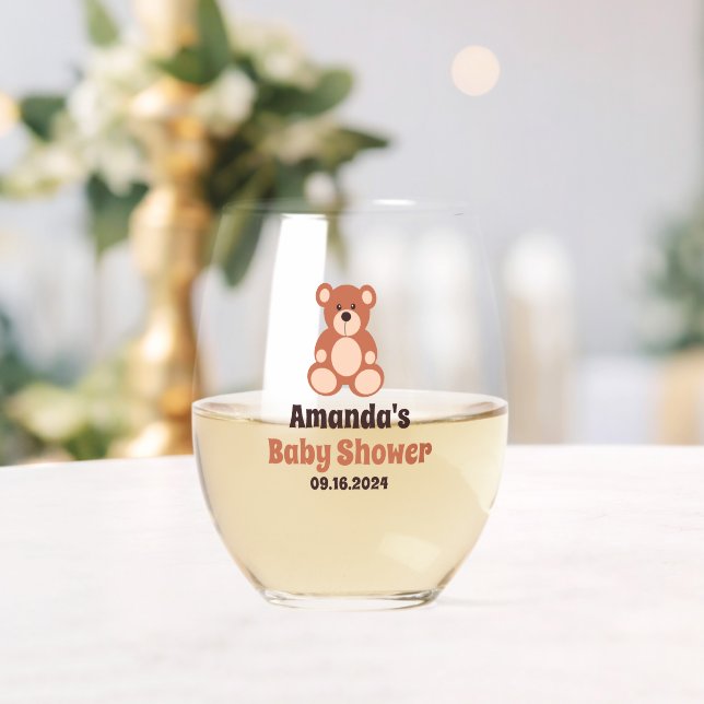 Personalized Teddy Bear Baby Shower Party Favors Stemless Wine Glass (Insitu (Wedding))