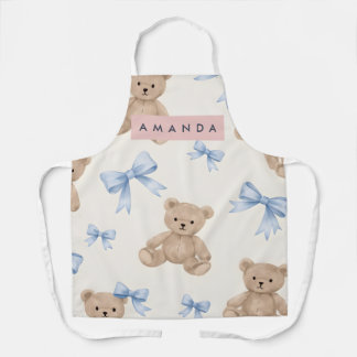 Personalized Teddy Bear & Blue Bow Pattern Apron