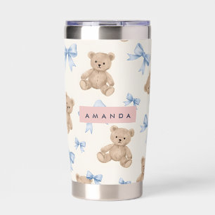 Personalized Teddy Bear & Blue Bow Pattern Insulated Tumbler