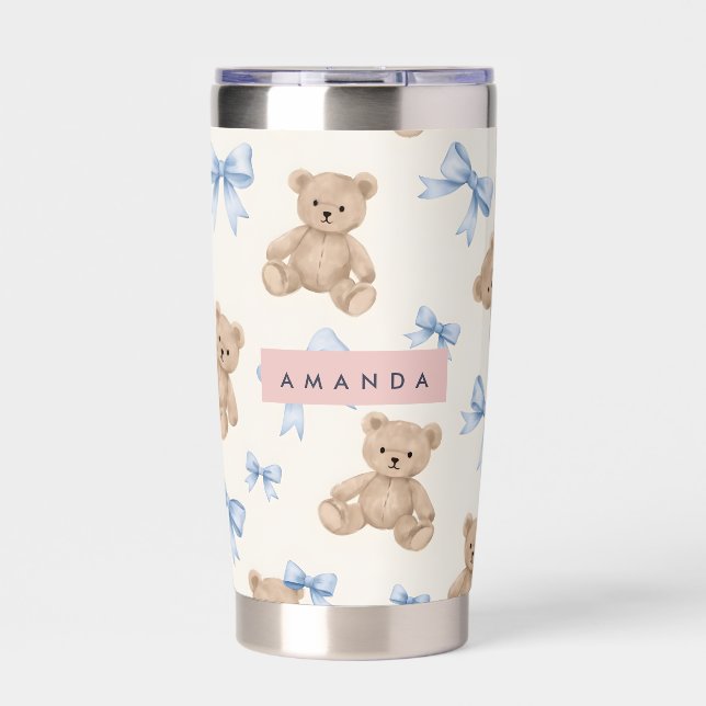 Personalized Teddy Bear & Blue Bow Pattern Insulated Tumbler (Front)