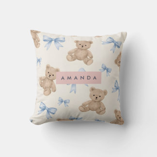 Personalized Teddy Bear & Blue Bow Pattern Throw Pillow