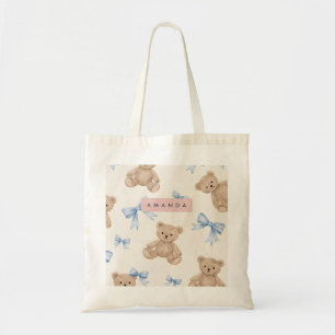 Personalized Teddy Bear & Blue Bow Pattern Tote Bag