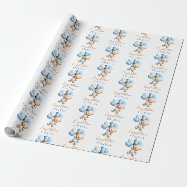 Personalized Teddy Bear Boy Baby Shower  Wrapping Paper (Unrolled)