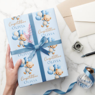 Personalized Teddy Bear Boy Baby Shower Wrapping Paper