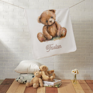 Personalized Teddy Bear Boy Watercolor Nursery Baby Blanket