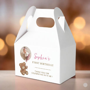 Personalized Teddy Bear First Birthday Photo Favor Boxes