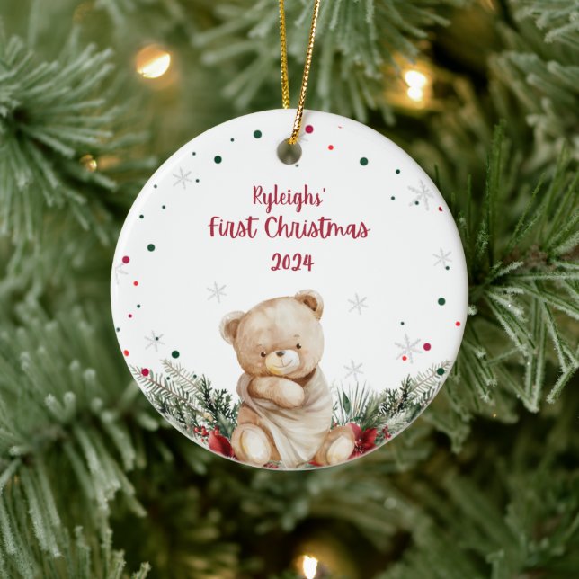 Personalized Teddy Bear First Christmas Ceramic Ornament (Tree)