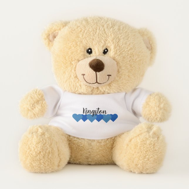 Personalized Teddy Bear for Boys With Blue Hearts (Front)
