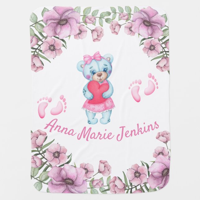 Personalized Teddy Bear Girl Baby Blanket (Front)
