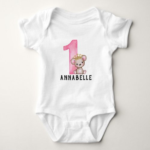 Personalized Teddy Bear Girls Pink 1 1st Birthday Baby Bodysuit