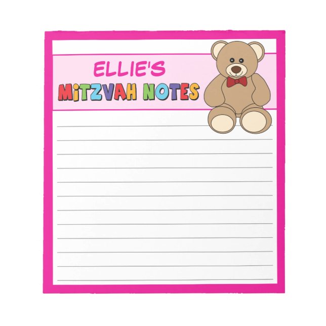 Personalized Teddy Bear Mitzvah Pink Notepad (Front)