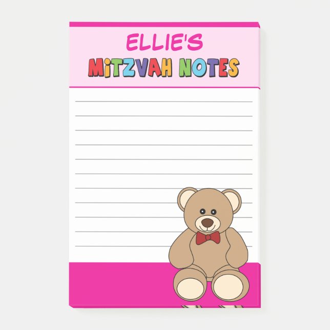 Personalized Teddy Bear Mitzvah Pink Post-it Notes (Front)
