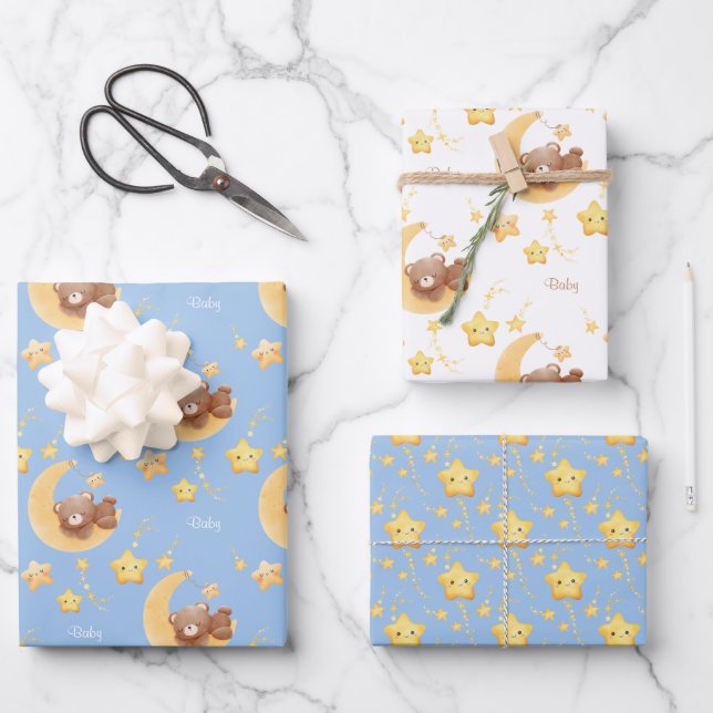 Personalized Teddy Bear Moon Baby Shower Wrapping Paper Sheets (Front)
