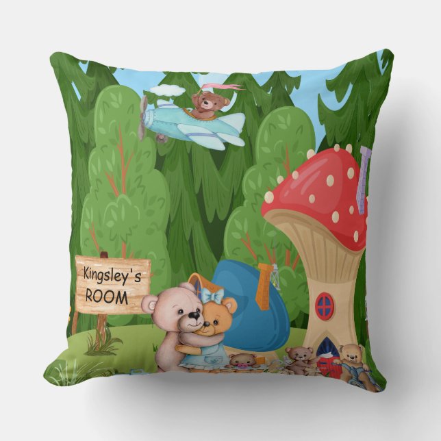 Personalized Teddy Bear Picnic Village Throw Pillow (Front)