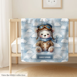 Personalized Teddy Bear Pilot Baby Shower Gift Boy Blanket