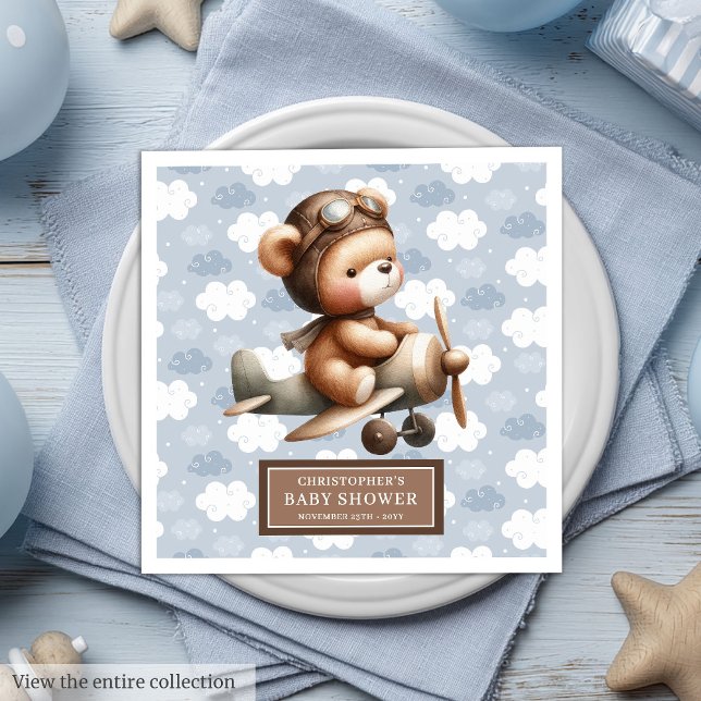 Personalized Teddy Bear Pilot Baby Shower Party  Paper Dinner Napkins (Personalized Teddy Bear Pilot Baby Shower Party Napkins)