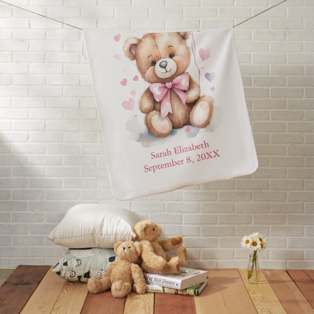 Personalized Teddy Bear Pink Bow Hearts Baby Girl  Baby Blanket (In Situ)