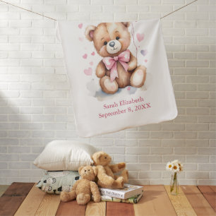 Personalized Teddy Bear Pink Bow Hearts Baby Girl  Blanket
