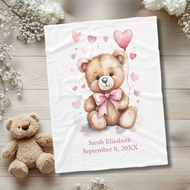 Personalized Teddy Bear Pink Bow Hearts Baby Girl  Fleece Blanket (Teddy Bear with Pink bow and pink hearts watercolor baby blanket, birth stats, name birthday)