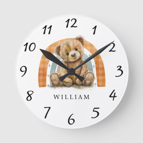 Personalized Teddy Bear Rainbow Boho Nursery  Round Clock