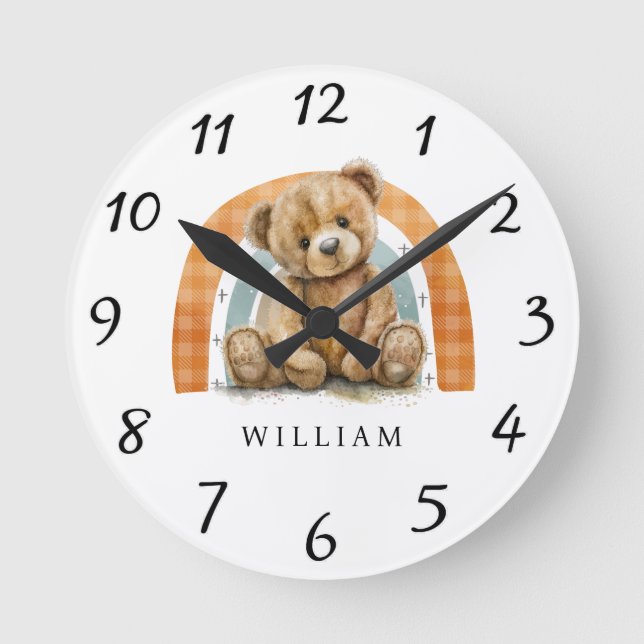 Personalized Teddy Bear Rainbow Boho Nursery  Round Clock (Front)