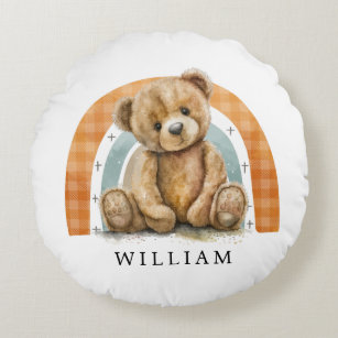 Personalized Teddy Bear Rainbow Boho Nursery  Round Pillow