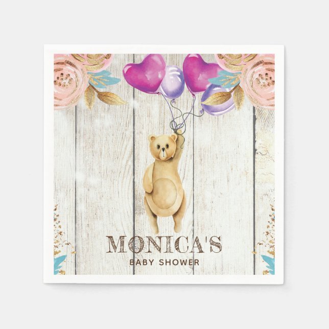 Personalized Teddy Bear Rustic Baby Shower Napkins (Front)