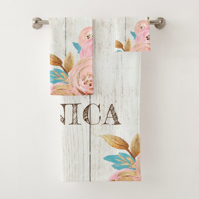 Personalized Teddy Bear Rustic Floral Bath Towel Set (Insitu)