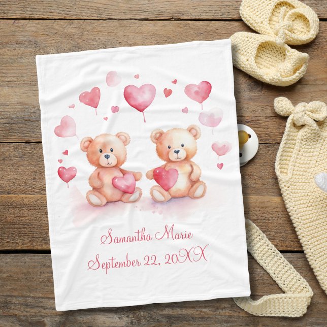 Personalized Teddy Bears Pink Red Hearts Baby Fleece Blanket (Personalized Teddy Bears Red Hearts Baby Blanket for baby girl. New baby gift Baby shower gift)