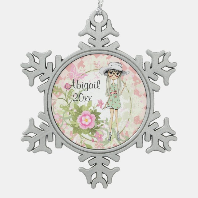 Personalized Teen Girl with Flowers Ornament (Front)