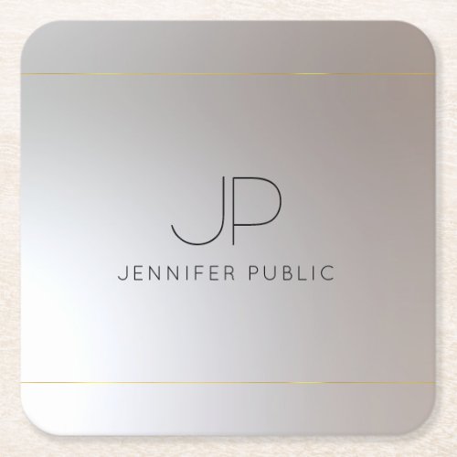Personalized Template Gold Silver Monogram Initial Square Paper Coaster