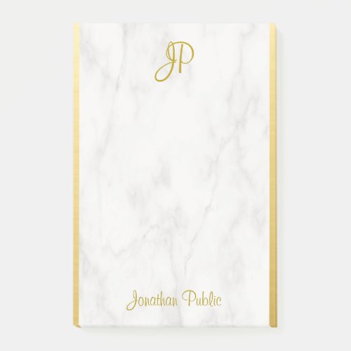 Personalized Template White Marble Gold Monogram Post_it Notes