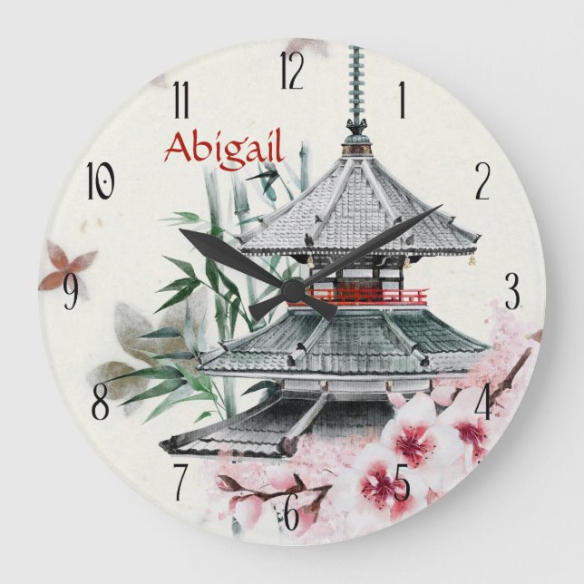 Personalized Temple, Bamboo, Cherry Blossoms Japan Large Clock (Front)
