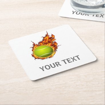 Personalized Tennis Ball on Fire Tennis Theme Gift Square Paper Coaster