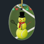 Personalized Tennis Ball Snowman Christmas Ceramic Ornament<br><div class="desc">This unique tennis Christmas ornament holiday design features a green tennis court background with cutest tennis ball snowman.  Personalize the back with a name and year!</div>