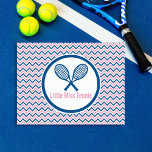 Personalized Tennis & Blue and Pink Chevron Design Postcard<br><div class="desc">Custom post/note cards with a personalized tennis racquet design and blue and pink chevron patterned background. Criss-crossed tennis racquets are centered in a blue and white circle that's monogrammed with your name or initials. The circle is set against a blue, pink and white chevron zigzag patterned background. Preppy, trendy, modern...</div>